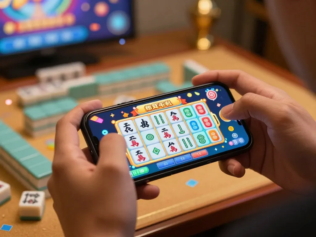 Player spinning slot mahjong game on smartphone, vibrant tiles displaying exciting symbols.
