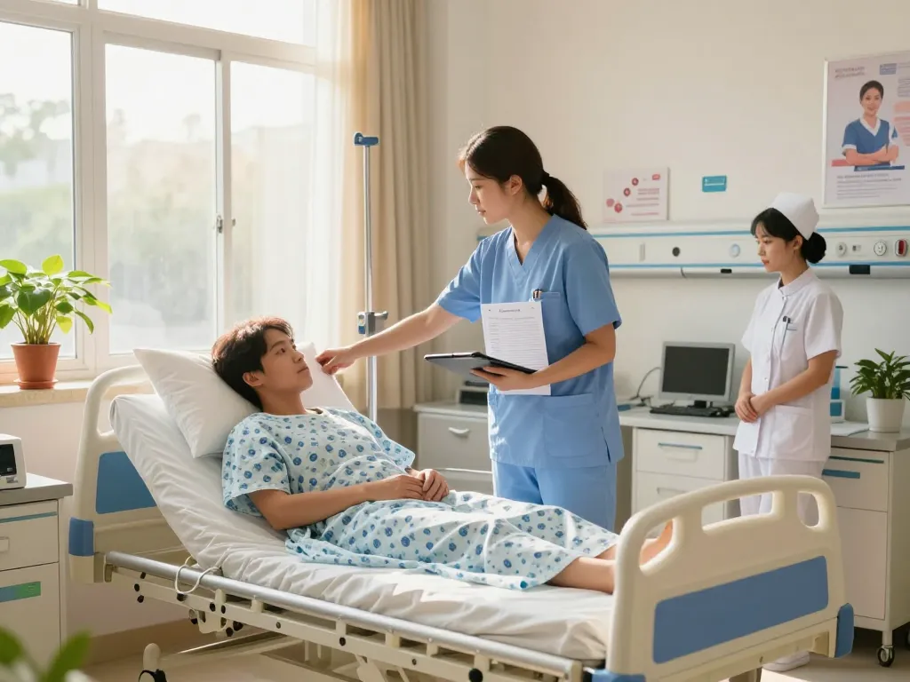 Comfortable giường bệnh nhân in a bright hospital room with healthcare provider attending to a patient.