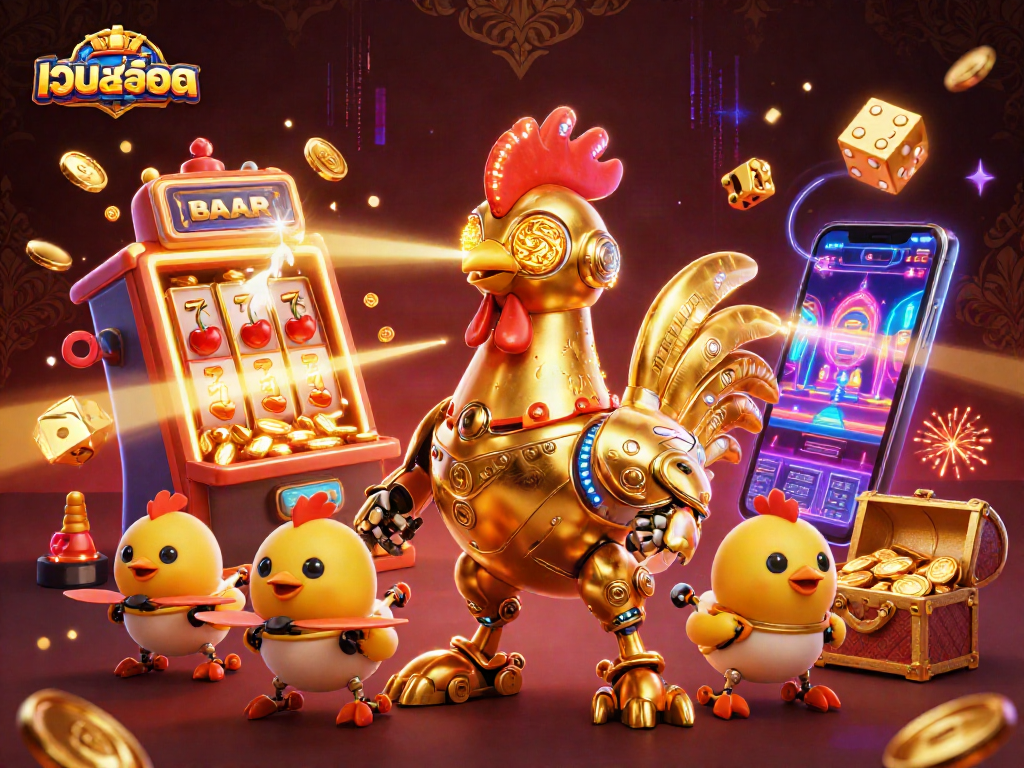 Engage with เว็บสล็อต thrilling jackpots alongside a golden robot rooster and chick drones bursting with colorful symbols.