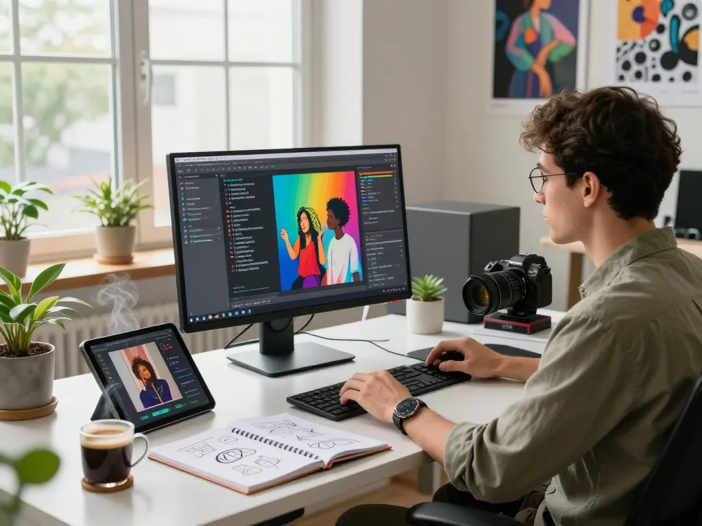 Generating image to prompt ai in a modern workspace with designer using AI tools.