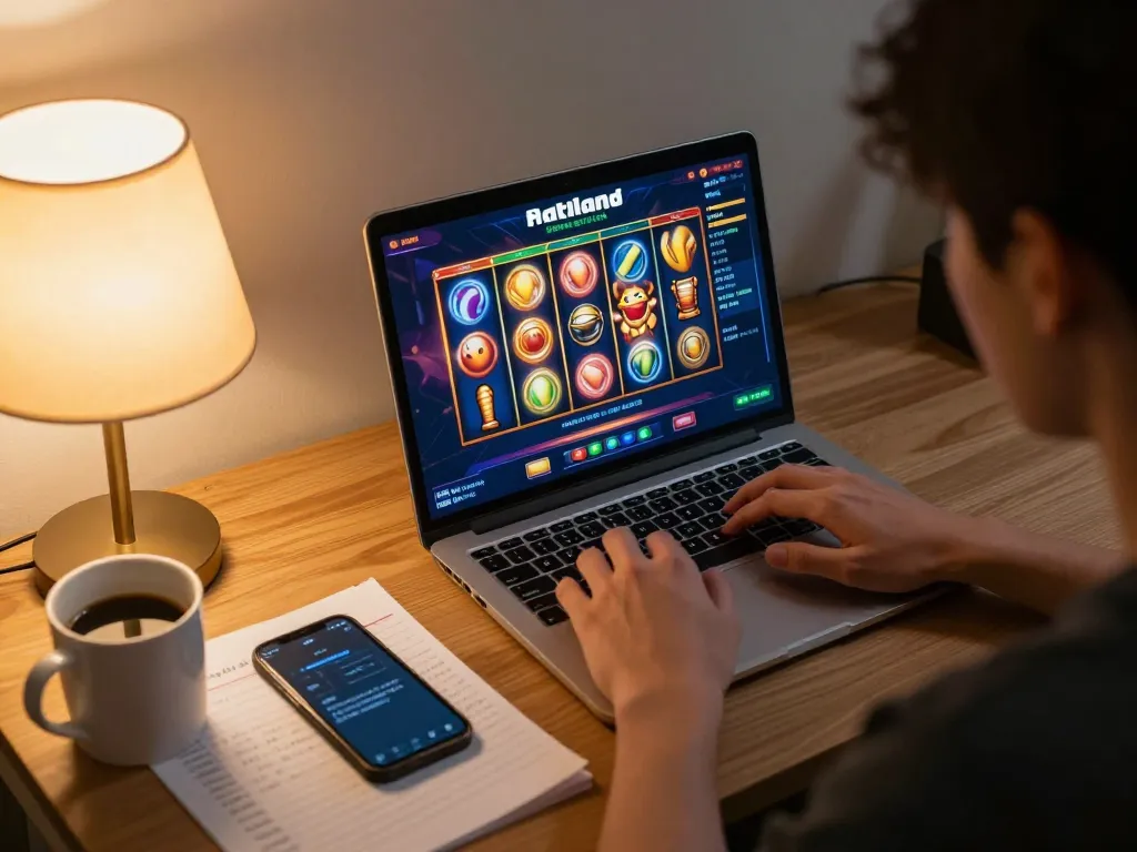 Engaged player using slot server thailand on a modern laptop while tracking strategies in a cozy home.