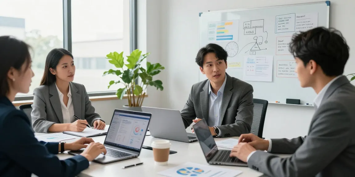 Business consultants collaborating in a modern workspace, showcasing https://factors.org.uk as they develop strategies and insights.