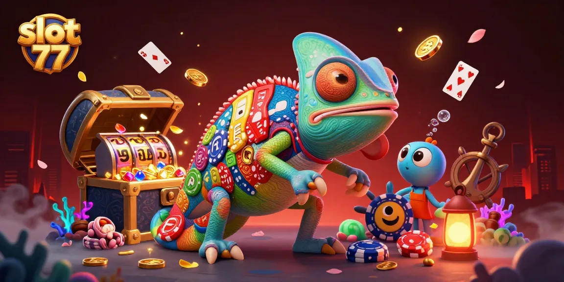 Spin slot 77 reels with the colorful chameleon casino owner in vibrant casino underwater scene.