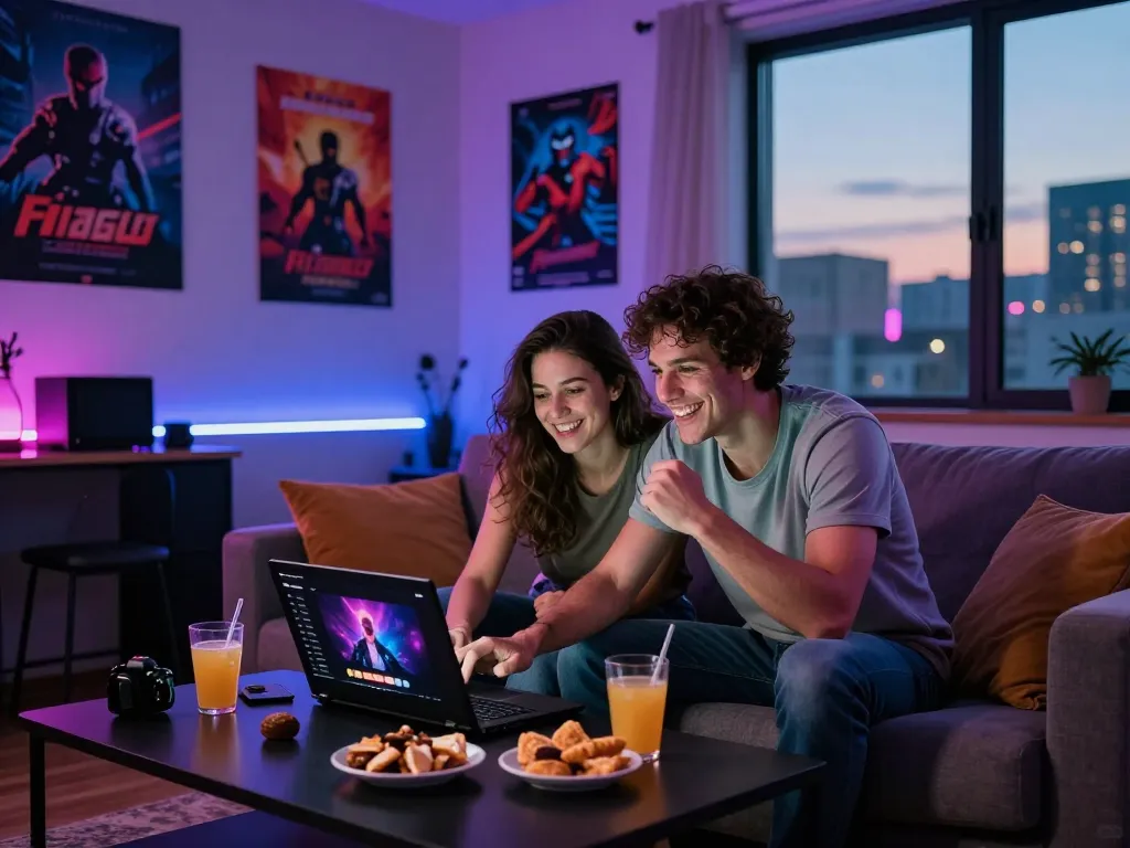 Porn games online experience in a cozy gaming lounge with a couple sharing laughter.