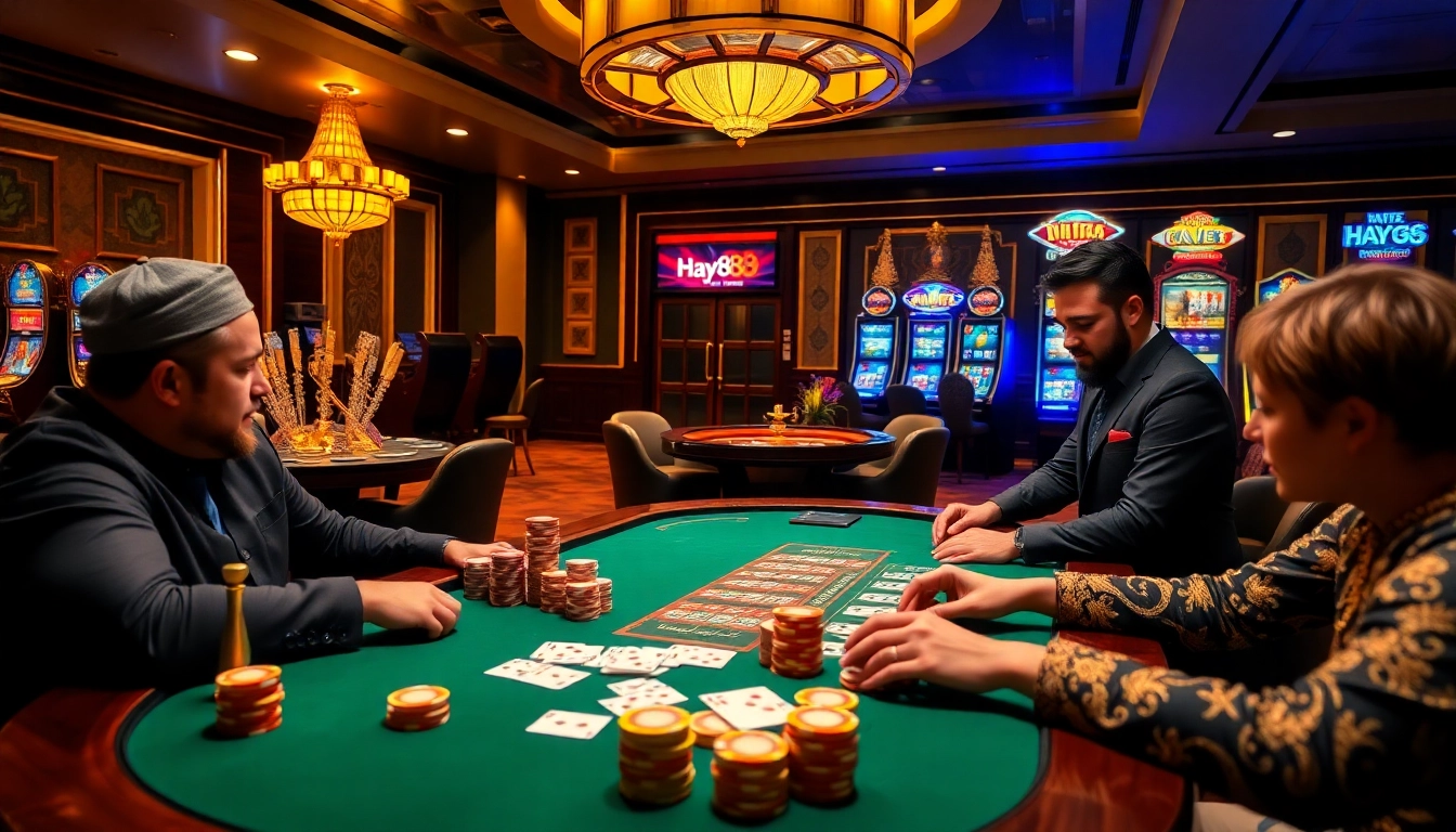Exciting Hay88 casino scene with players at a poker table surrounded by chips and cards.