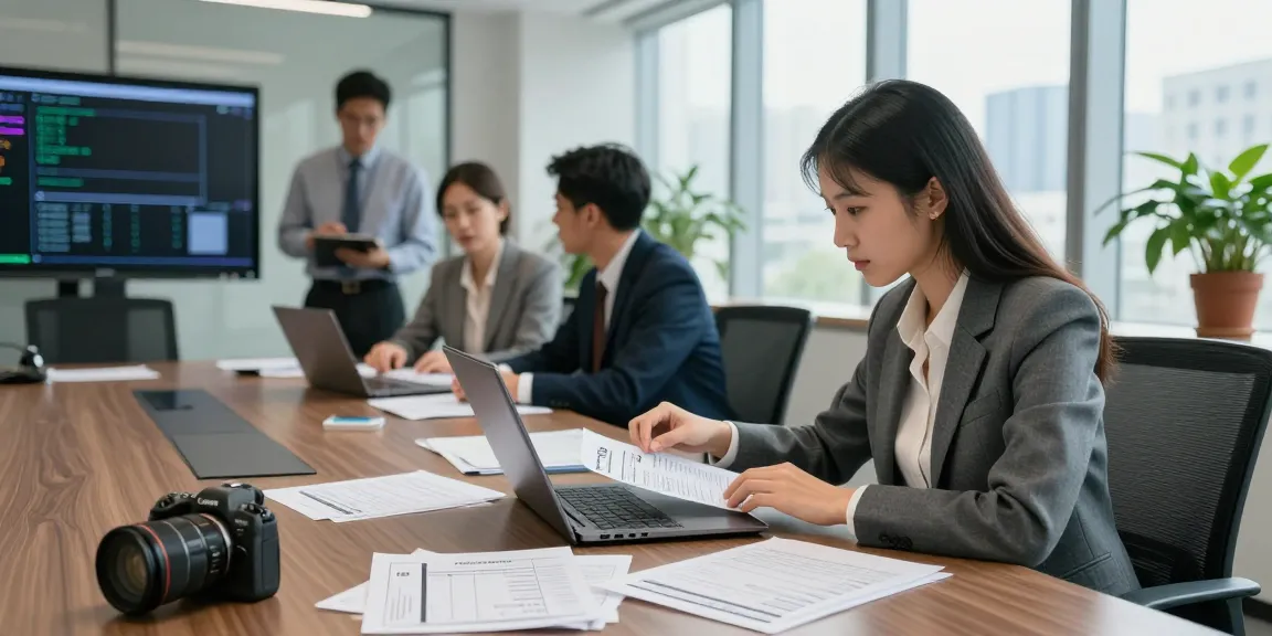 Detect fake invoice at office meeting with professionals analyzing documents.