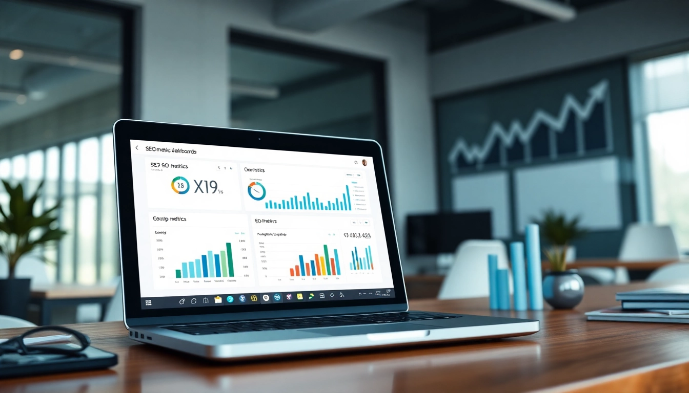 Improve SEO performance through analytical insights displayed on a laptop amidst a professional workspace.