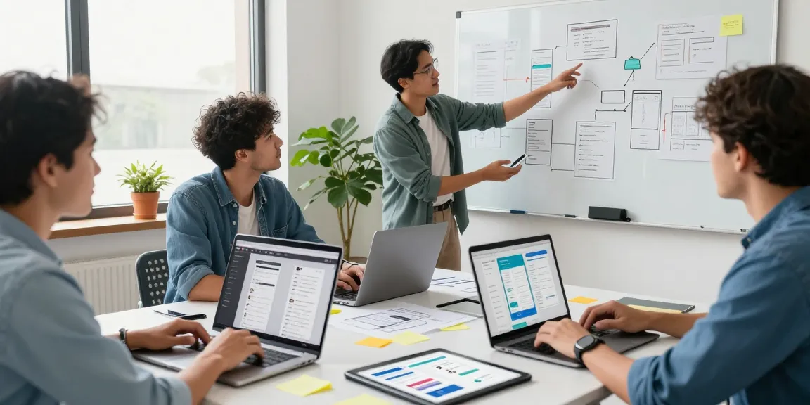 Mobile app development services in a collaborative workspace with a diverse team discussing designs and prototypes.