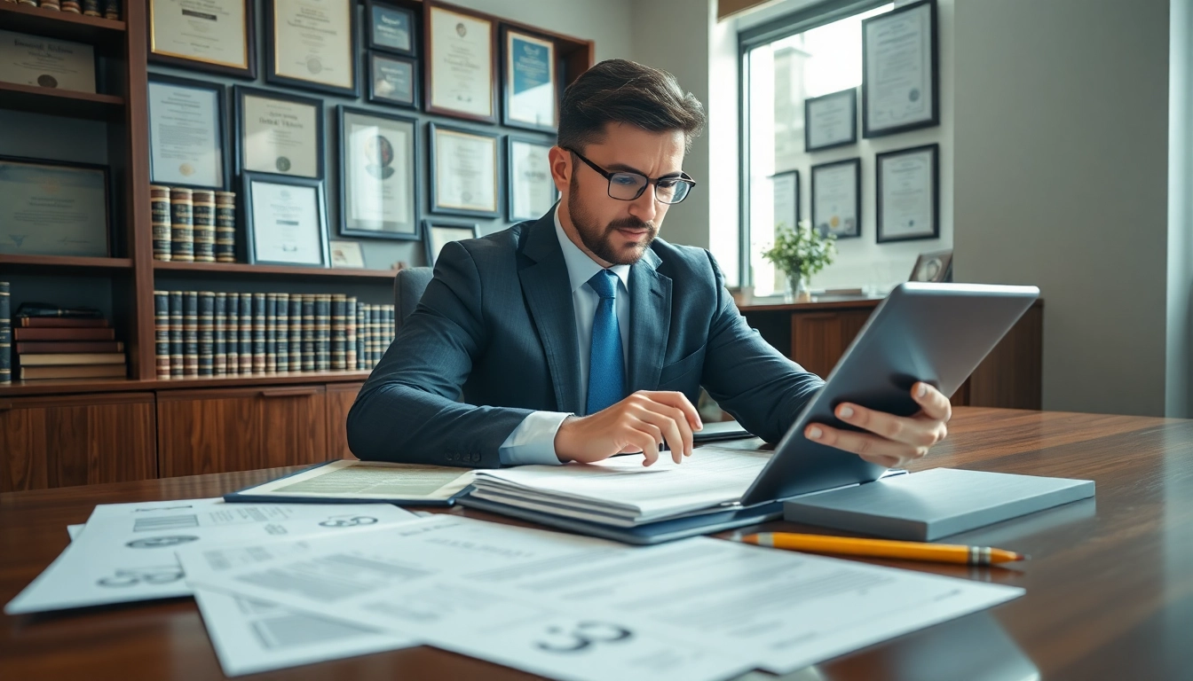 Truck accident attorney Clearwater consulting in a professional office setting with documents and technology.