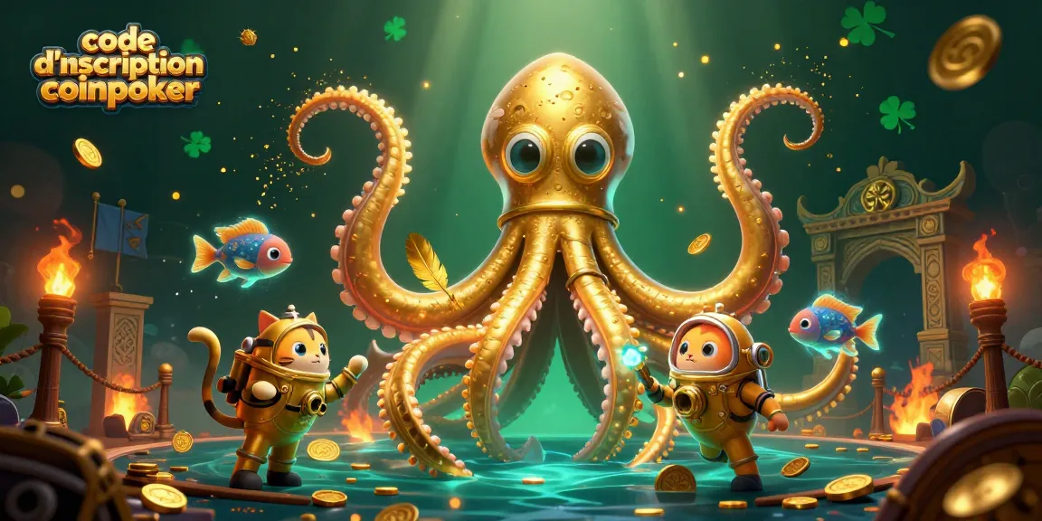 Découvrez le code d'inscription coinpoker avec un kraken et un chat plongeur dans une scène de casino animée.