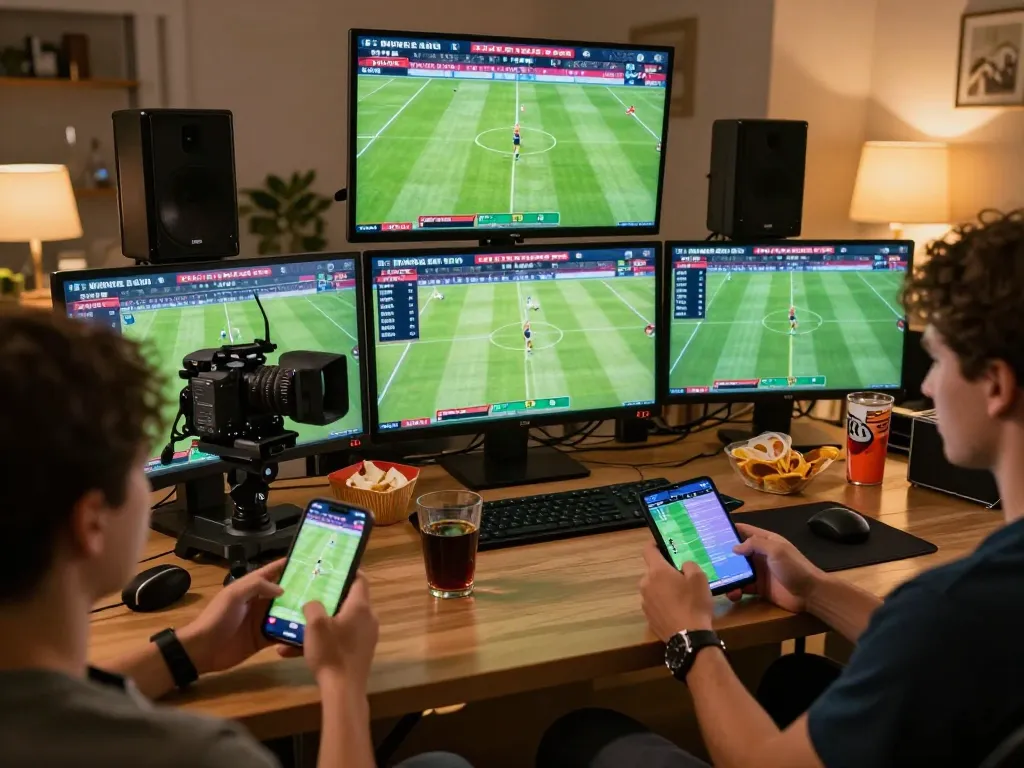 Cà Khịa TV users engaging in online sports betting with smartphones and tablets for live football matches.