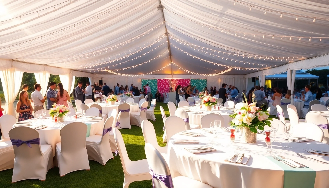 Engaging view of Party Tent Rentals adorned for an outdoor event, showcasing vibrant decorations.
