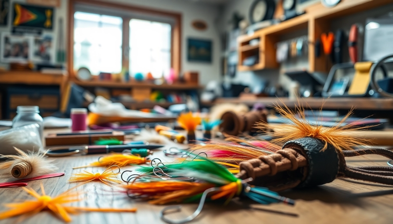 Engaging in fly tying at a vibrant workshop filled with colorful materials and tools.