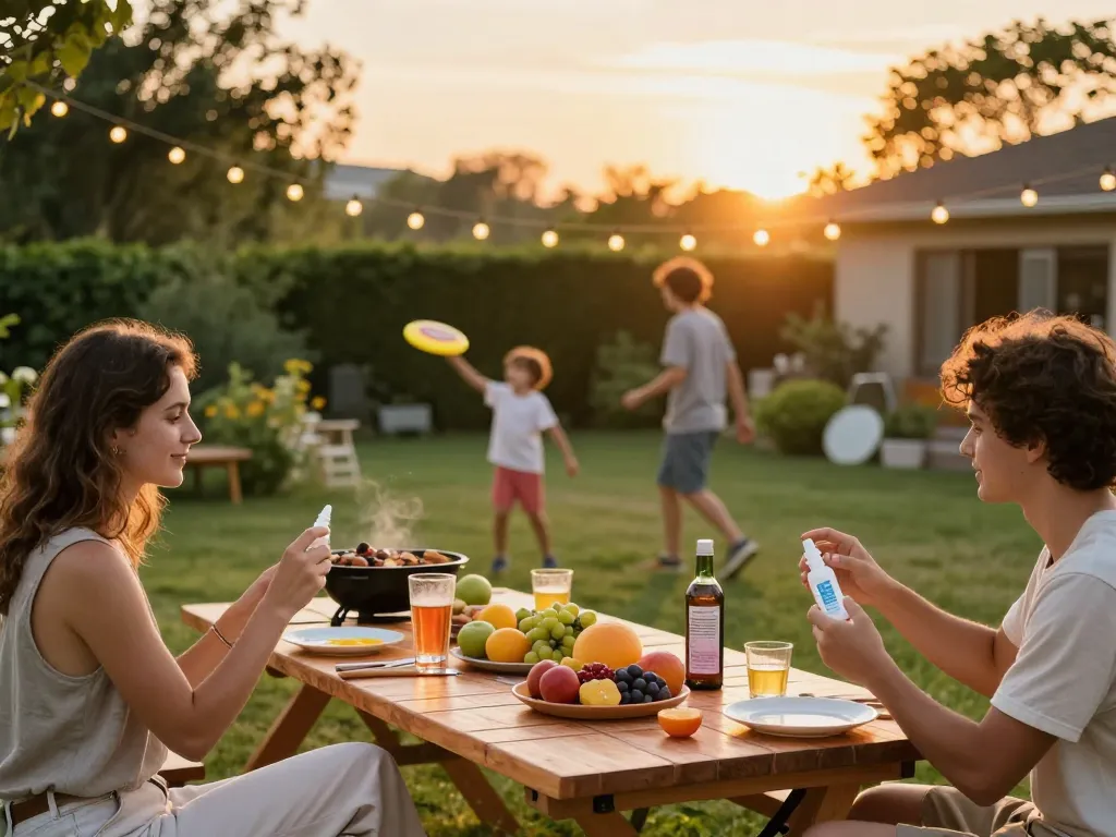 Friends applying mosquito repellent at a summer BBQ, ensuring a comfortable outdoor gathering.