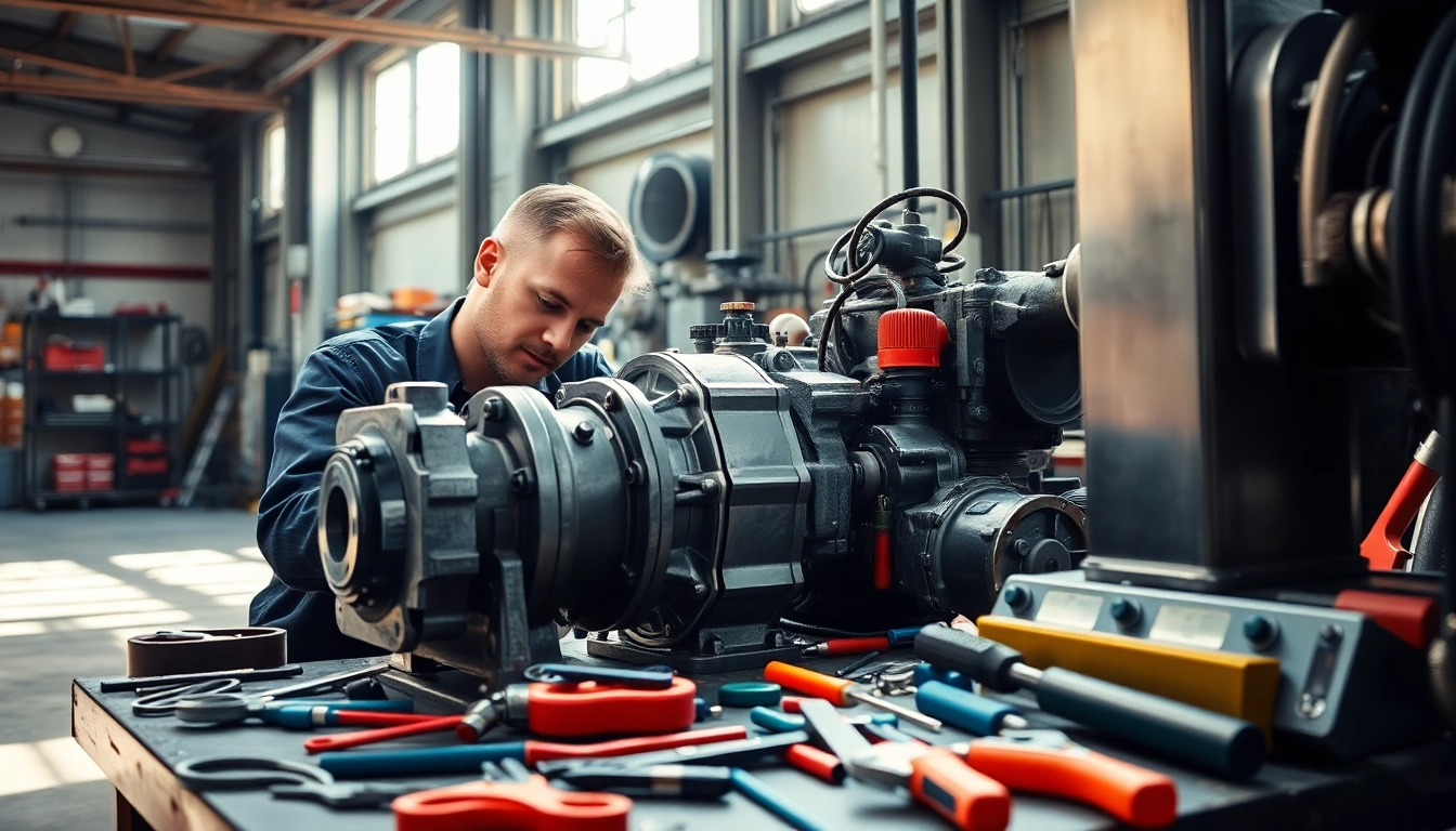 Expert in hydraulic repair services examining a hydraulic pump in a professional workshop.