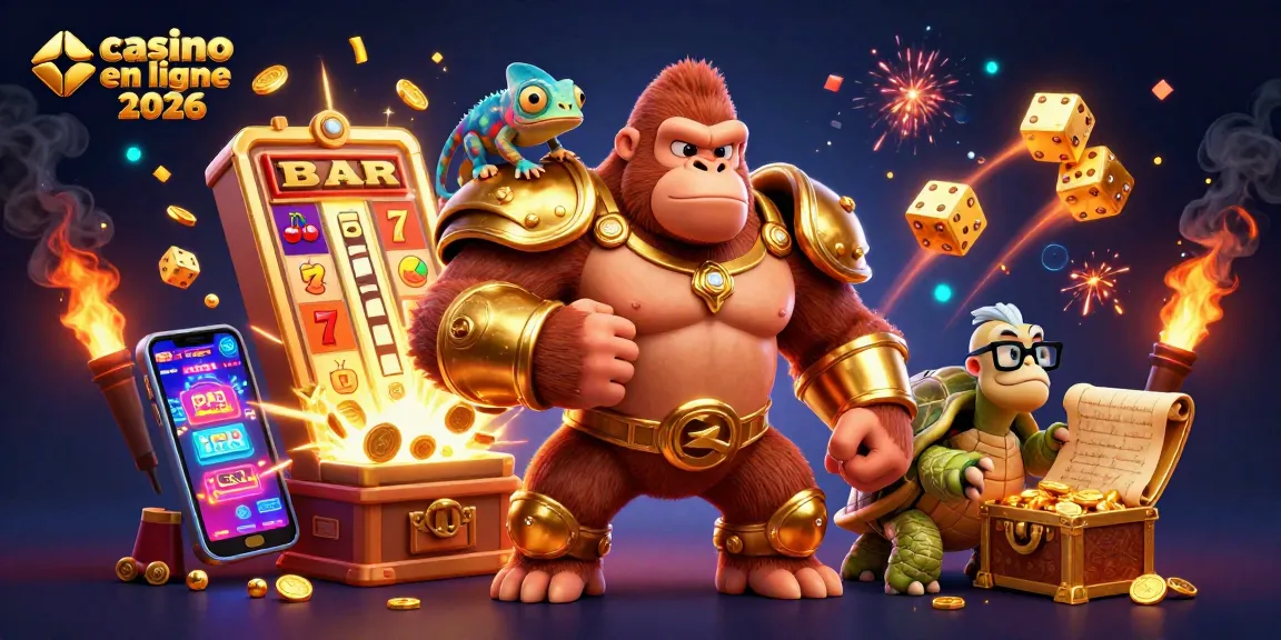 Illustration captivante d'un roi gorille puissant au casino en ligne 2026, entouré de jackpots et de trésors.