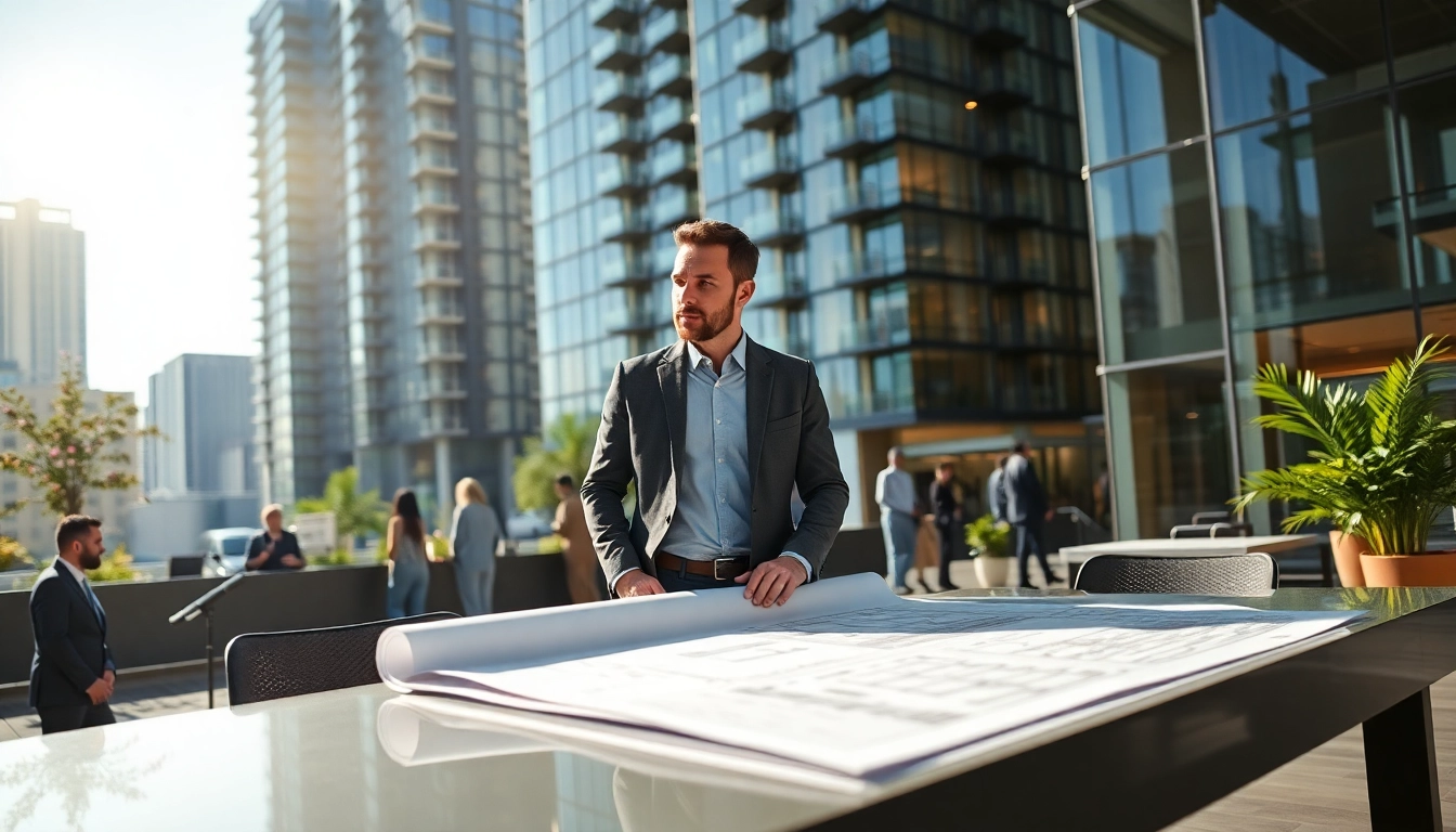 A real estate developer analyzing architectural plans in a bright urban office.