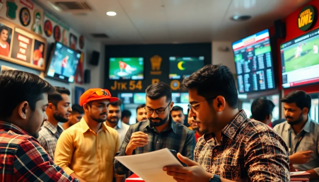 Engaged bettors enjoying sports betting sites India in a vibrant shop atmosphere.