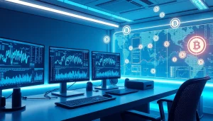 Dynamic workspace showcasing best cloud mining technology with sleek computers and digital graphs.