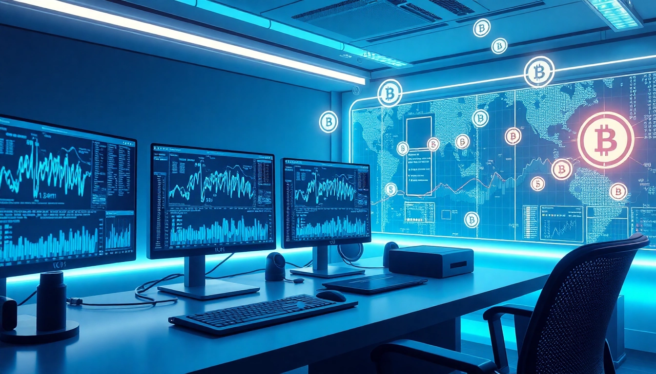 Dynamic workspace showcasing best cloud mining technology with sleek computers and digital graphs.