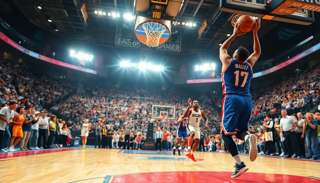 nba중계하는 농구 경기 장면에서 선수들이 액션을 취하는 모습