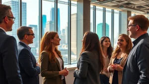 Engaged professionals discussing job in chicago opportunities in a modern setting.