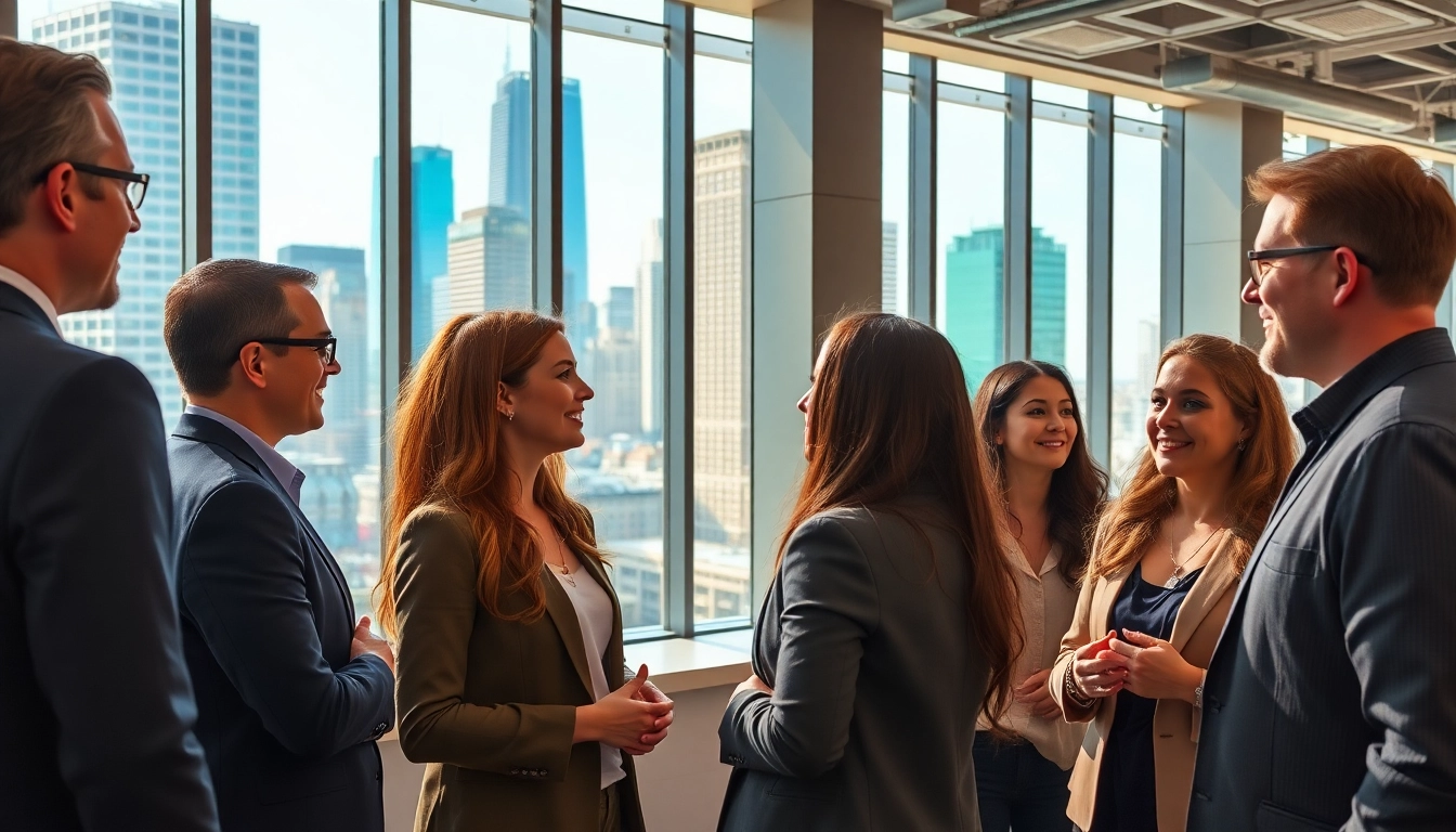 Engaged professionals discussing job in chicago opportunities in a modern setting.