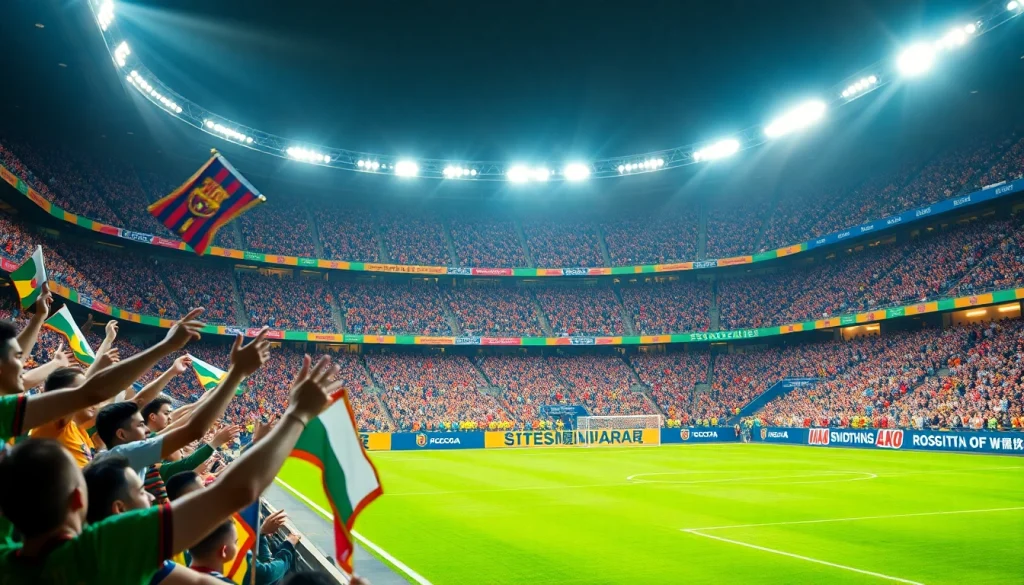 축구중계 팬들이 응원하는 생생한 장면, 역동적인 분위기와 밝은 조명.