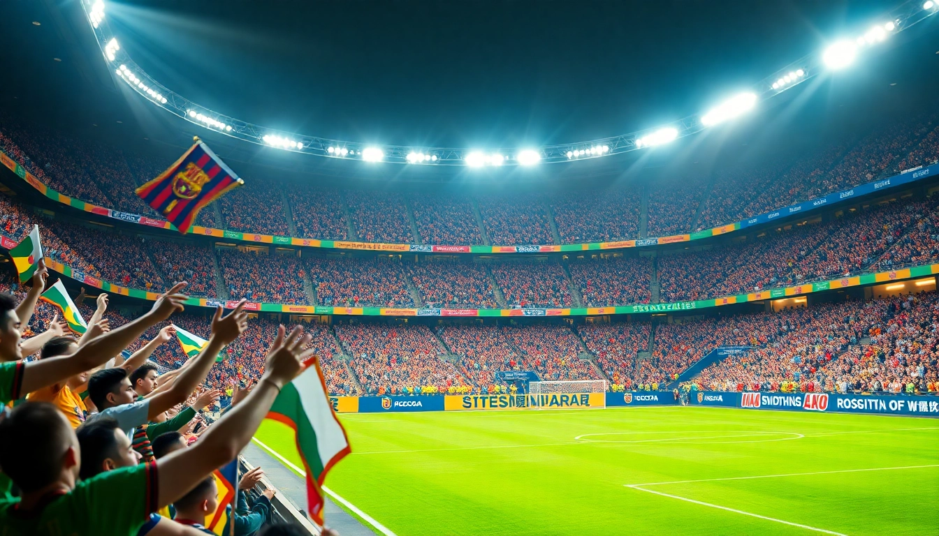축구중계 팬들이 응원하는 생생한 장면, 역동적인 분위기와 밝은 조명.