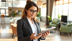 Engaging real estate agent showcasing property listings in a modern office setting.