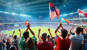 축구중계에 열광하는 팬들이 있는 활기찬 경기장