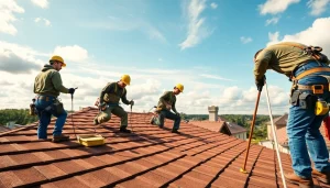 Highlighting Professional roofing services with a skilled team working on a residential roof.