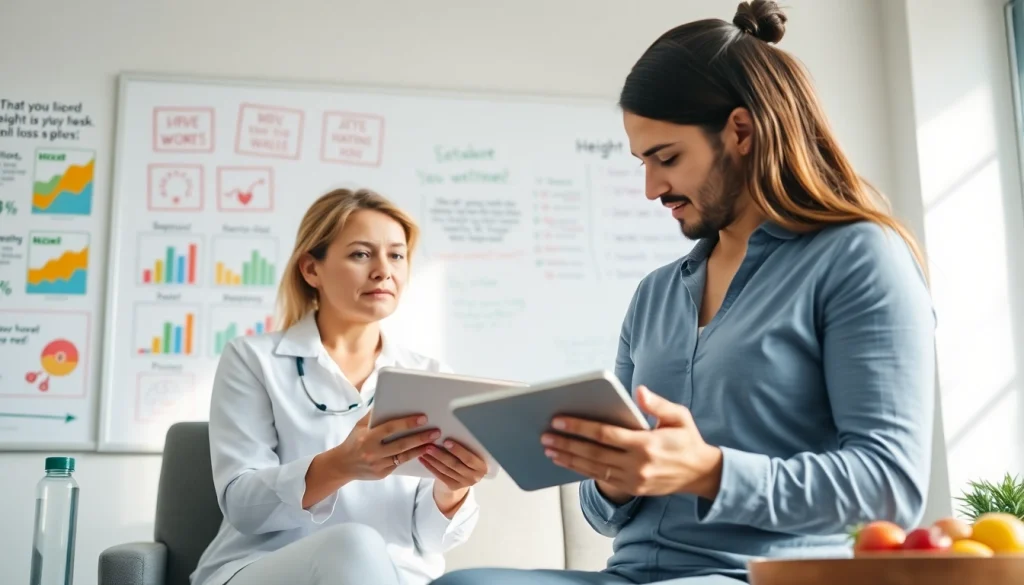 Nutritionist discussing strategies to overcome weight loss plateau with a client in a bright consultation room.