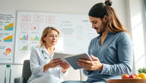 Nutritionist discussing strategies to overcome weight loss plateau with a client in a bright consultation room.