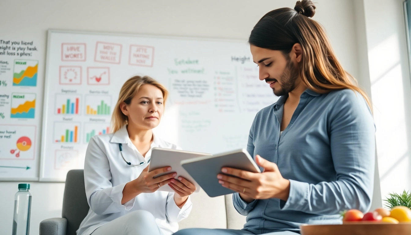 Nutritionist discussing strategies to overcome weight loss plateau with a client in a bright consultation room.