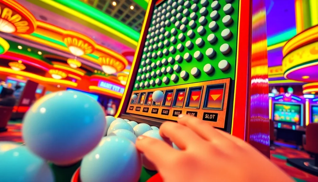 Permainan slot plinko yang menarik dengan bola jatuh menuju hadiah, menghadirkan keseruan.