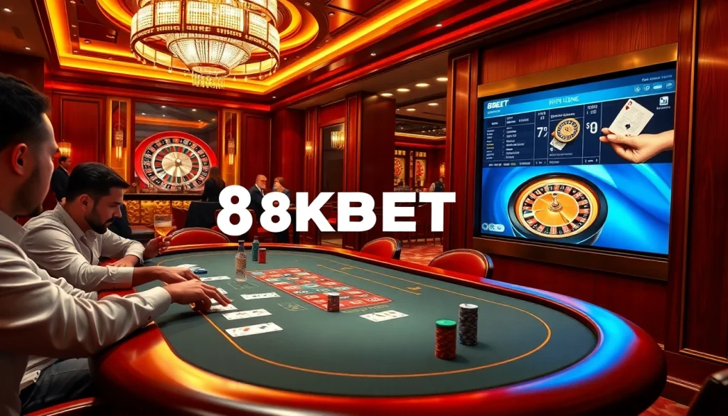 Experience the thrilling atmosphere of 8KBET with poker tables and roulette wheels in a luxurious casino setting.
