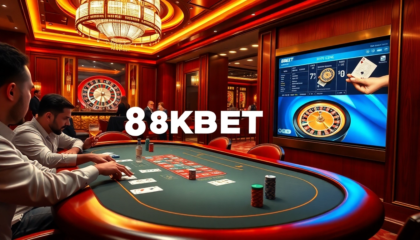 Experience the thrilling atmosphere of 8KBET with poker tables and roulette wheels in a luxurious casino setting.