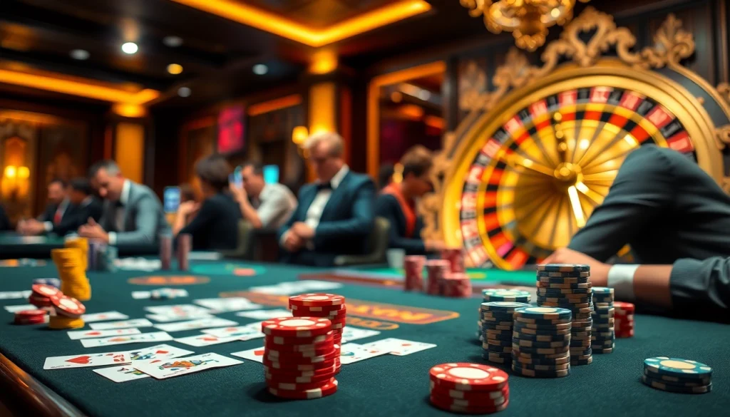 Casino table at 88clb featuring poker chips and cards, showcasing high stakes excitement.