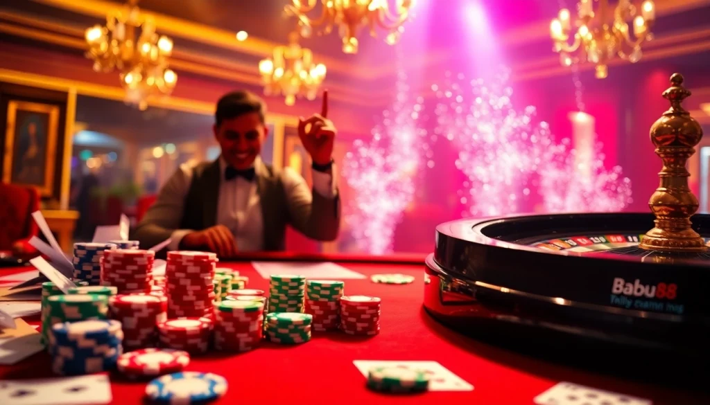 Babu88 casino scene featuring an excited player placing bets with colorful poker chips and cards.