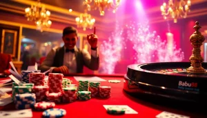 Babu88 casino scene featuring an excited player placing bets with colorful poker chips and cards.
