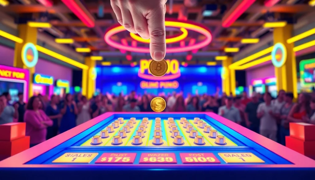 Permainan demo plinko yang menarik dengan token dijatuhkan ke papan berwarna-warni.