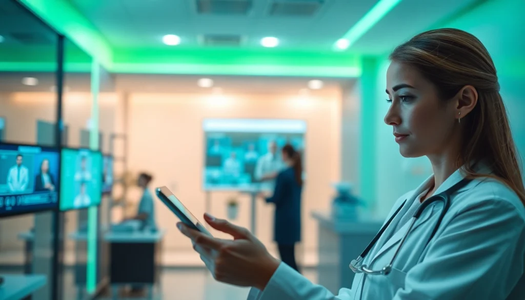 Trending health solutions in a modern clinic with digital consultations.