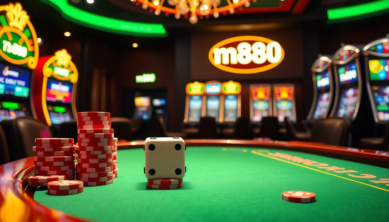Exciting casino scene showcasing nh88 poker chips and dice illuminated with luxury lighting.