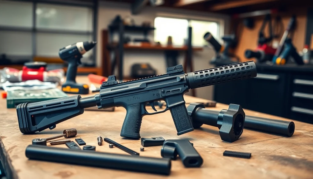 Showcase the polymer80 glock 19 pf940c complete kit with tools on a workbench for assembly.