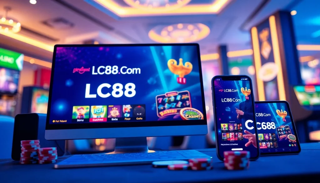 Engaging online gaming scene featuring LC88 Com logo and digital games, showcasing excitement.