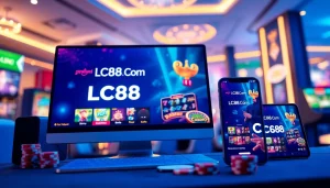 Engaging online gaming scene featuring LC88 Com logo and digital games, showcasing excitement.