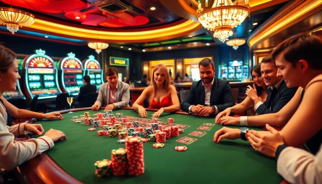 High-stakes players enjoying poker at 6RWIN33 COM casino with vibrant roulette wheels.