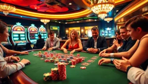 High-stakes players enjoying poker at 6RWIN33 COM casino with vibrant roulette wheels.