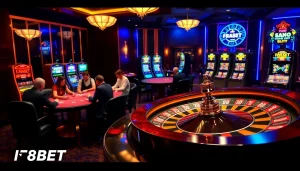 Exciting casino gameplay at https://f8bet.dental/ featuring poker tables and vibrant slot machines.